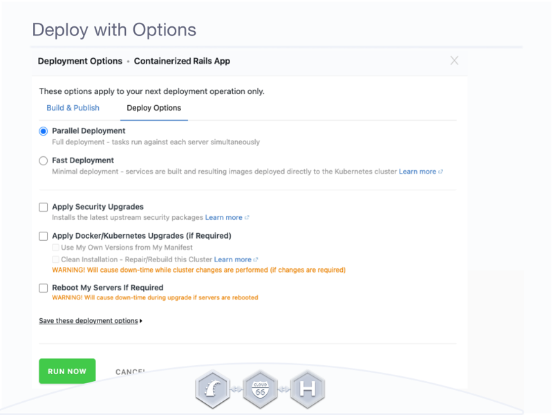 Cloud 66 Dashboard - deploy with options.