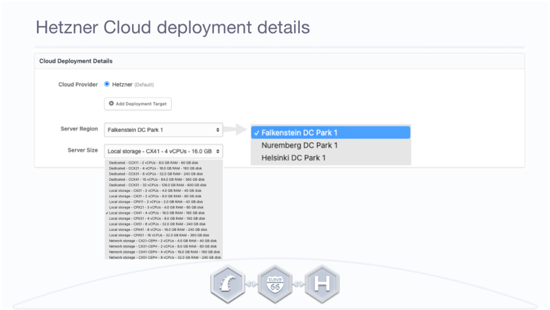 Hetzner Cloud deployment details: server region and server size.