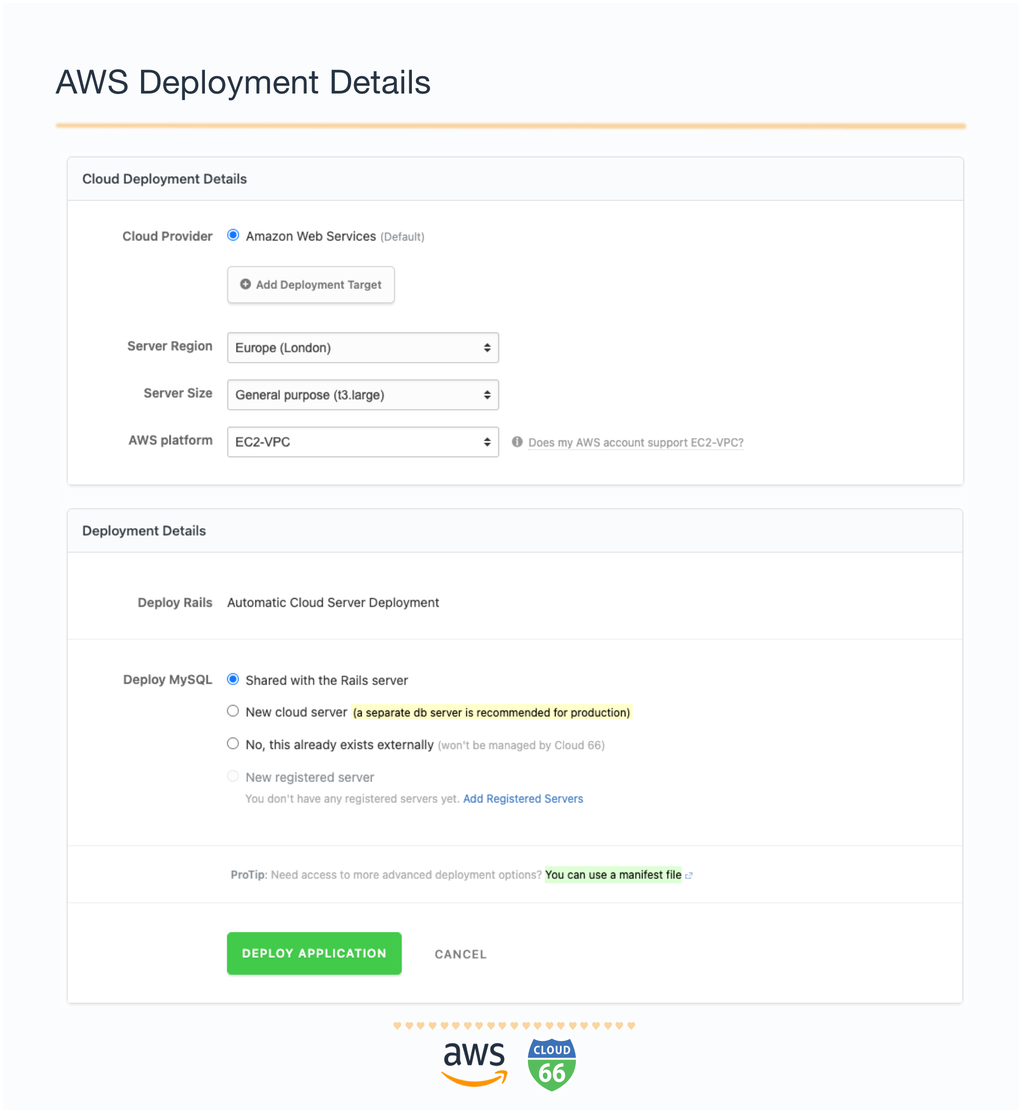 Add AWS deployment details, e.g. server size and region.