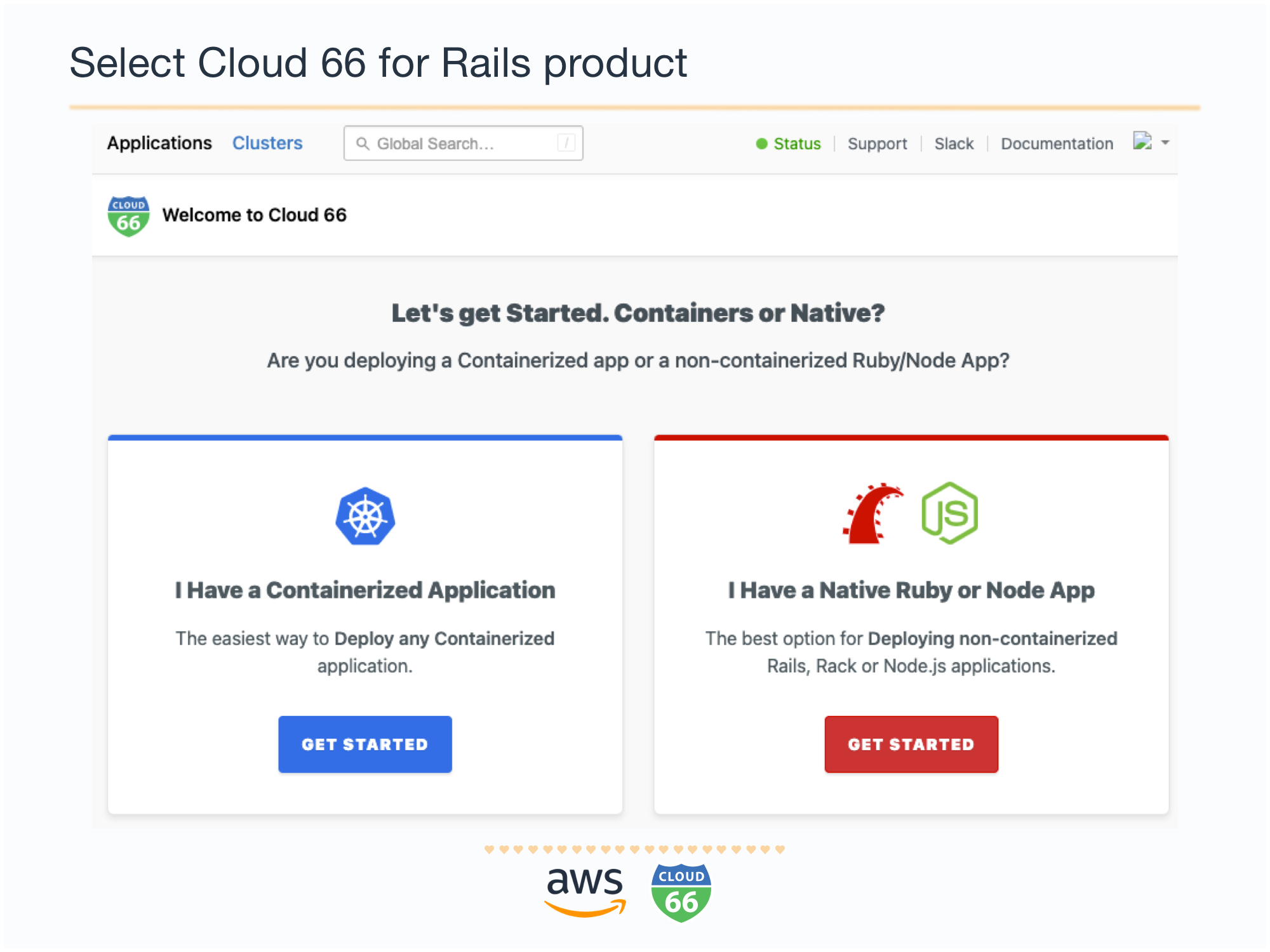 Welcome to Cloud 66 Dashboard. Step 1: Select Cloud 66 for Rails product.