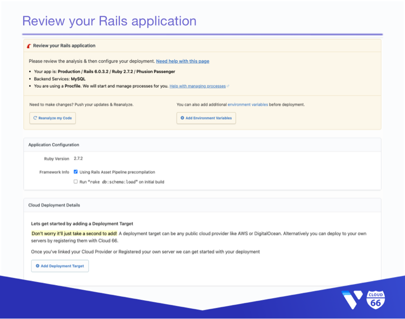 Cloud 66 Dashboard: Your application has been analysed. Review what have we found.