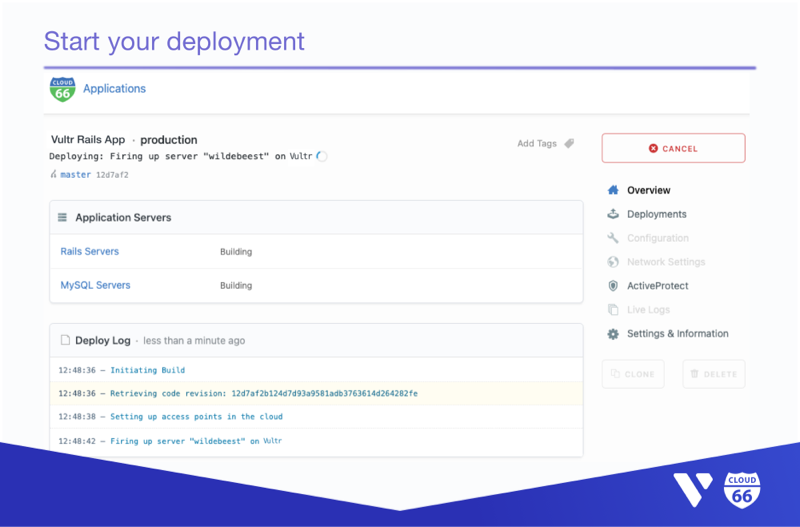 Cloud 66 Dashboard: Click on 'Deploy Application' button to start your deployment.